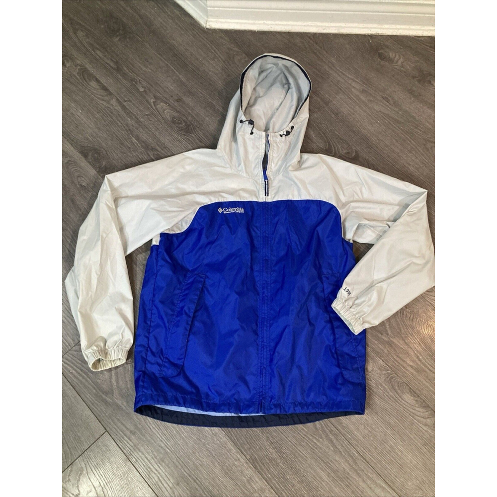 Columbia Men’s Women’s M L Hooded Jacket Flash Coat Blue Light Grey Windbreaker
